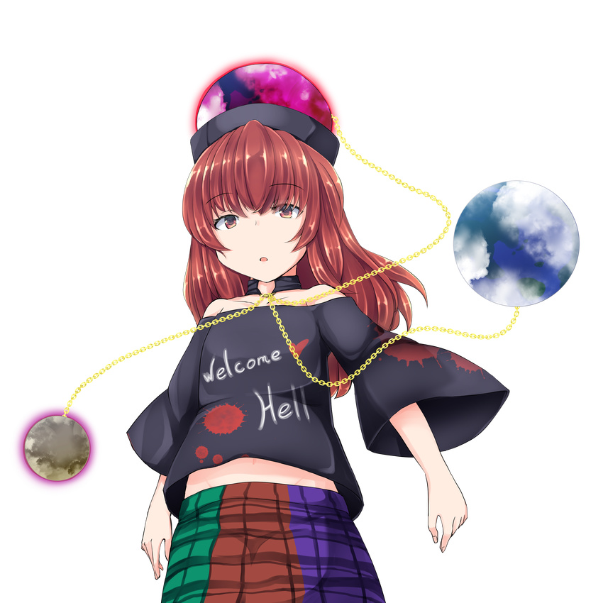 absurdres chain clothes_writing earth_(ornament) haruto_(hirokazu1001) hecatia_lapislazuli highres moon_(ornament) multicolored multicolored_clothes multicolored_skirt open_mouth polos_crown red_eyes red_hair skirt solo touhou transparent_background