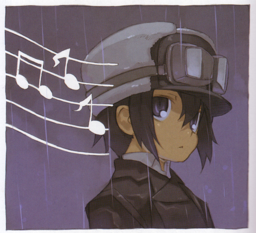 1girl androgynous artist_request black_eyes black_hair brimmed_hat fur goggles hat kino kino_no_tabi musical_notes official_art raining scan short_hair solo tagme