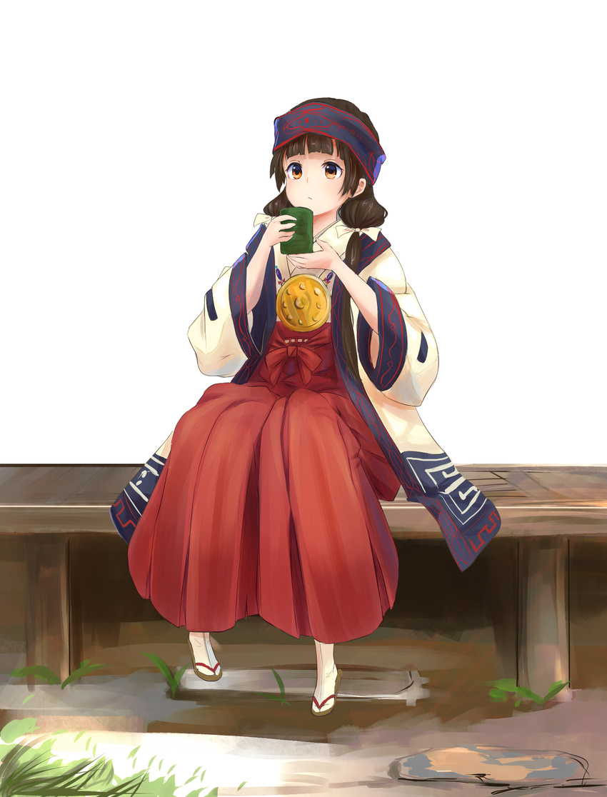 ainu amayadori_machi black_eyes brown_eyes brown_hair cup expressionless gradient_eyes grass ground hair_ribbon hakama hanten_(clothes) highres holding holding_cup homo_1121 jacket japanese_clothes jewelry kumamiko long_hair long_sleeves mirror multicolored multicolored_eyes pendant porch red_hakama ribbon simple_background sitting solo stepping_stones tabi teacup tress_ribbon white_background white_jacket zouri