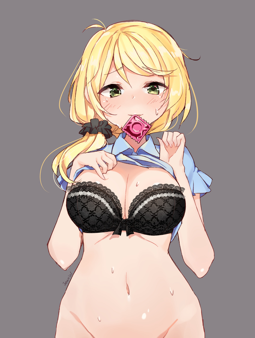 artist_name bangs black_bra black_scrunchie blonde_hair blue_shirt blush bottomless bow bow_bra bra breasts caucasian cleavage condom condom_in_mouth condom_wrapper ellen_baker eyebrows goyain groin hair_ornament hair_scrunchie heart heart-shaped_pupils highres large_breasts lifted_by_self looking_at_viewer low_ponytail mouth_hold navel new_horizon non-asian out-of-frame_censoring scrunchie shirt shirt_lift short_sleeves simple_background solo strapless strapless_bra sweat symbol-shaped_pupils underwear yellow_eyes