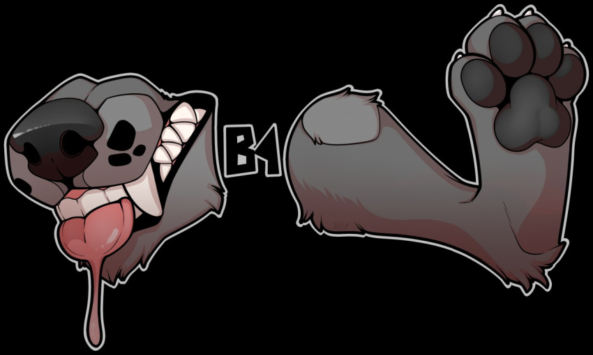 2018 ambiguous_gender black_background black_nose brown_fur canid canine claws close-up digital_media_(artwork) disembodied_leg disembodied_mouth drooling fangs fur horo321 mammal pawpads paws saliva simple_background solo spots teeth text toes tongue tongue_out tuft