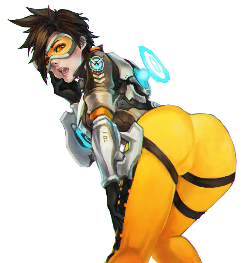 1girl absurdres ass bodysuit brown_hair commentary edit goggles highres jacket looking_at_viewer monori_rogue open_mouth overwatch short_hair skin_tight solo spiked_hair tagme tracer_(overwatch) visor