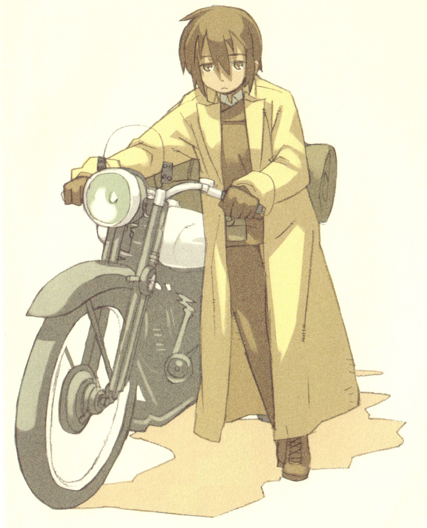 1girl androgynous artist_request black_eyes black_hair gloves hermes kino kino_no_tabi long_coat motorcycle official_art scan short_hair simple_background sleeping_bag solo tagme vehicle white_background