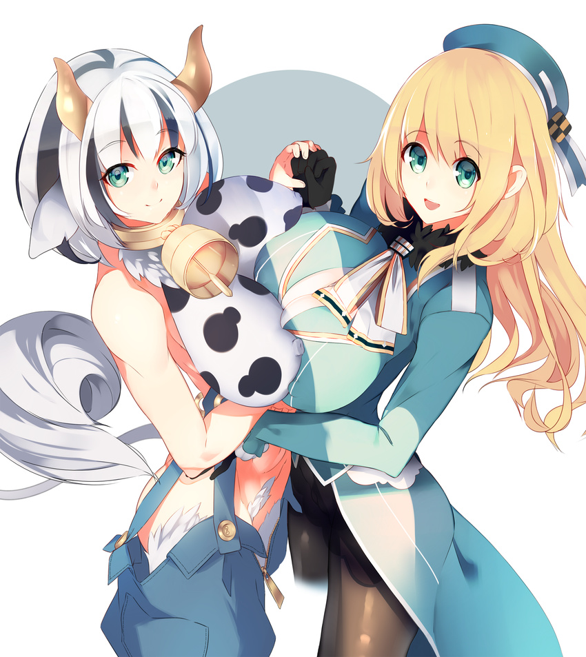 animal_ears animal_print atago_(kantai_collection) bell blonde_hair breast_press breasts cow_bell cow_ears cow_girl cow_print cow_tail fur gloves green_eyes highres holstaurus horns kantai_collection large_breasts monster_girl monster_girl_encyclopedia multiple_girls nipples overalls oxykoma pantyhose silver_hair simple_background sleeveless smile symmetrical_docking tail