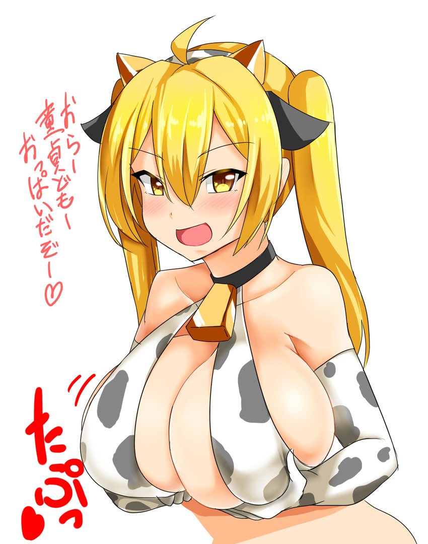 ahoge animal_print bell bell_choker blonde_hair blush breast_hold breasts choker cleavage cow_bell cow_girl cow_print hair_between_eyes highres huge_breasts kirome_(kamipaper) looking_at_viewer open_mouth original saaya_(kirome) smile solo translation_request twintails upper_body yellow_eyes