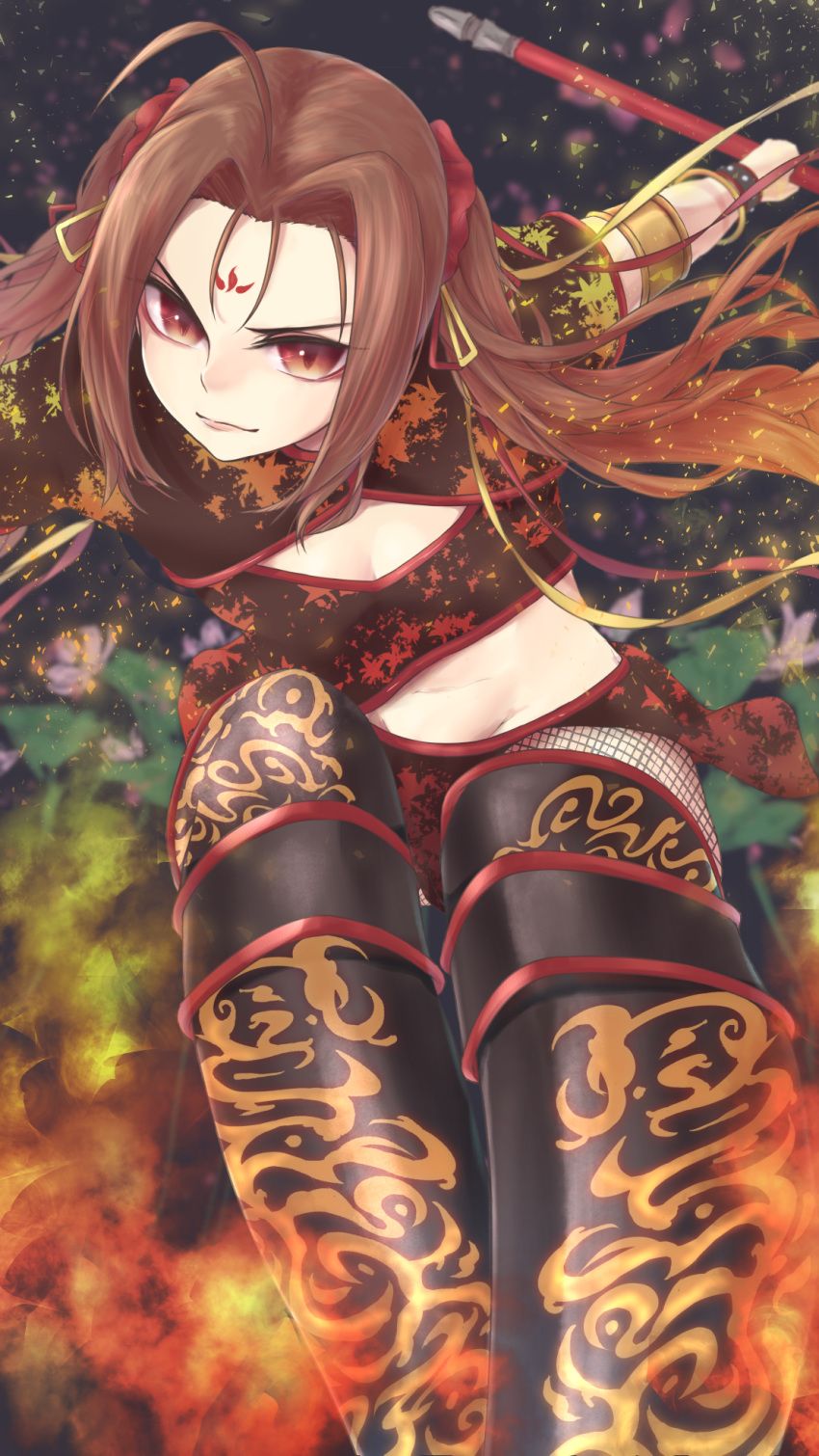 1girl ahoge breasts brown_eyes brown_hair china_dress chinese_clothes cleavage cleavage_cutout dress facial_mark fate_(series) fire forehead_mark hair_ornament highres jewelry long_hair nezha_(fate/grand_order) pixiv_fate/grand_order_contest_2 solo thighhighs twintails weapon yuurei447