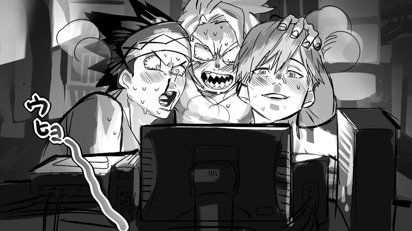 awase_yousetsu bad_id bad_twitter_id blood bloodshot_eyes blush boku_no_hero_academia computer greyscale hand_on_another's_head headband heavy_breathing male_focus monochrome monoma_neito multiple_boys nosebleed psychobusu sharp_teeth sitting spiked_hair sweat tank_top teeth tetsutetsu_tetsutetsu watching