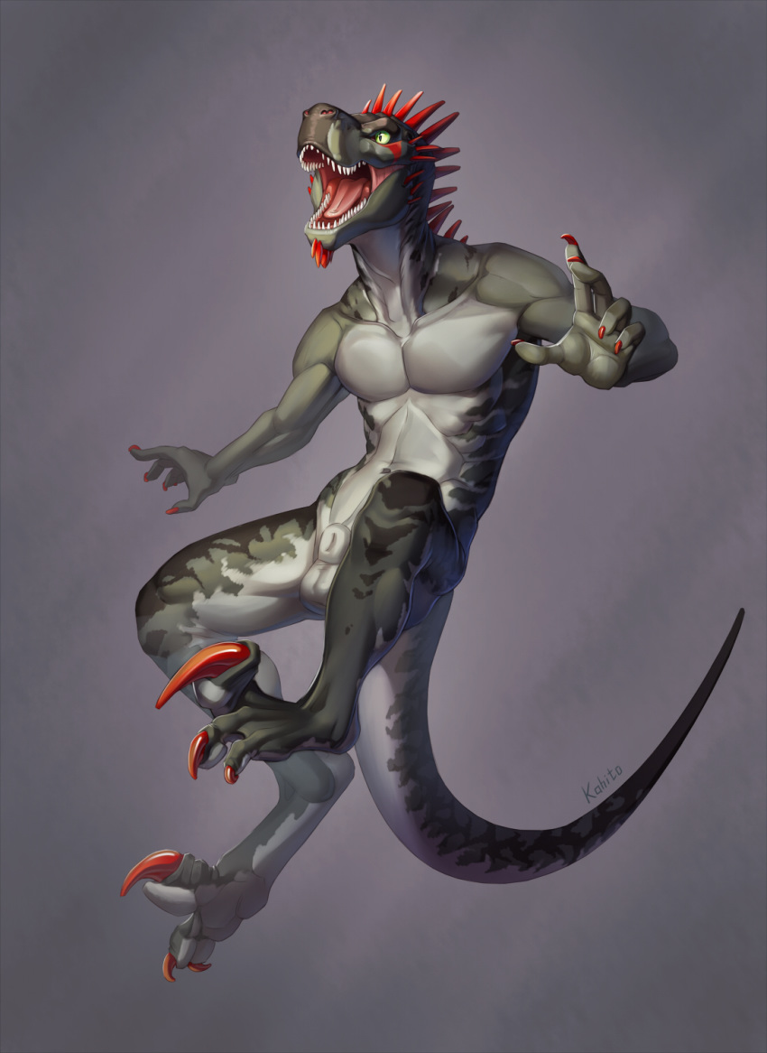 3_toes animal_genitalia anthro balls beard claws dinosaur facial_hair fully_sheathed green_eyes jumping kahito_slydeft_(artist) male muscular nude open_mouth raptor reptile scalie sharp_teeth sheath solo talons teeth theropod toes