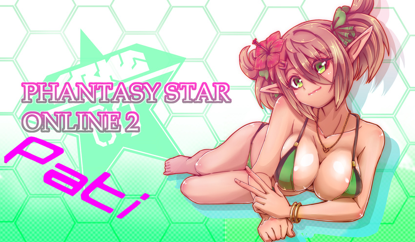 arm_support blush bracelet breasts brown_hair cleavage flower green_eyes hair_flower hair_ornament highres jewelry large_breasts looking_at_viewer lying on_stomach patty_(pso2) pendant phantasy_star phantasy_star_online_2 pointy_ears shiny shiny_skin short_hair smile solo swimsuit twintails v wisespeak