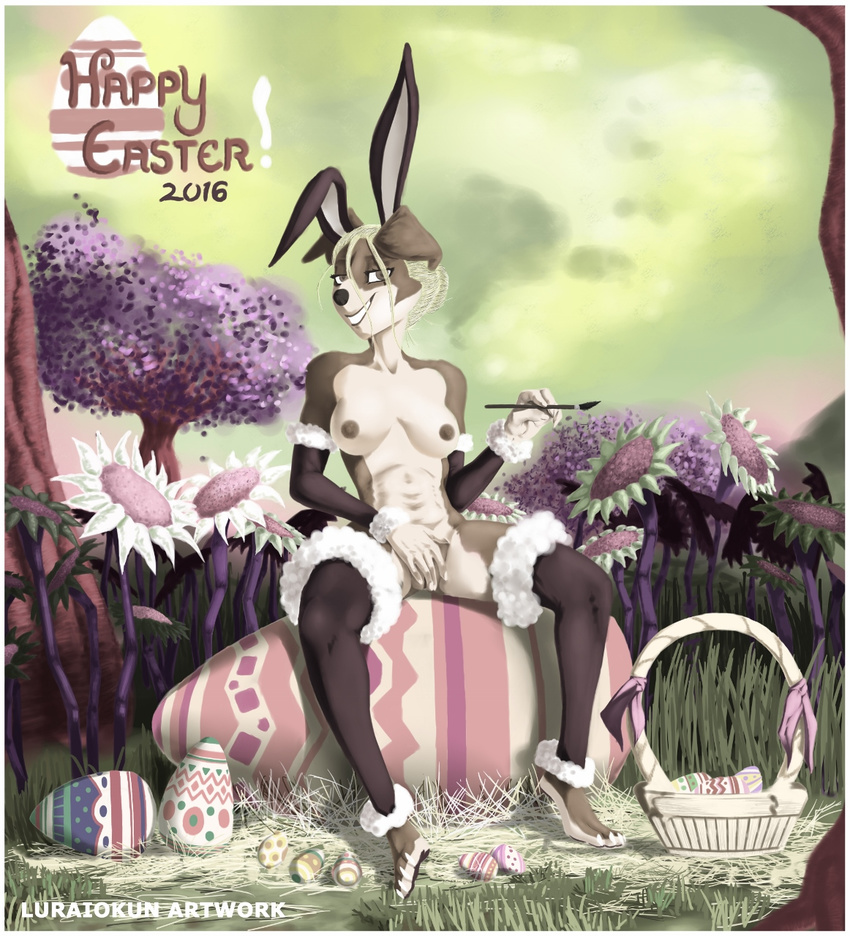 2016 anthro breasts canine easter female hair holidays looking_at_viewer luraiokun mammal pussy smile