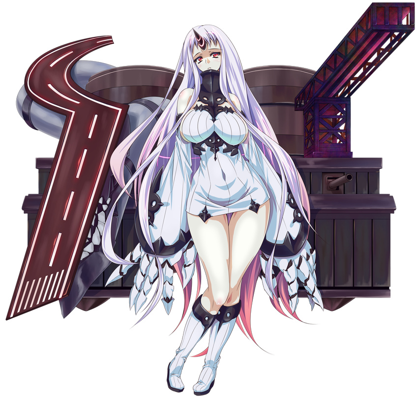 alternate_hair_color bags_under_eyes between_breasts boots breasts claws collar covered_navel detached_sleeves dress full_body giant_hand highres horn kantai_collection knee_boots large_breasts lavender_hair long_hair multicolored_hair red_eyes seaport_hime shinkaisei-kan short_dress slit_pupils solo tachi-e thigh_gap transparent_background turret two-tone_hair very_long_hair zephid