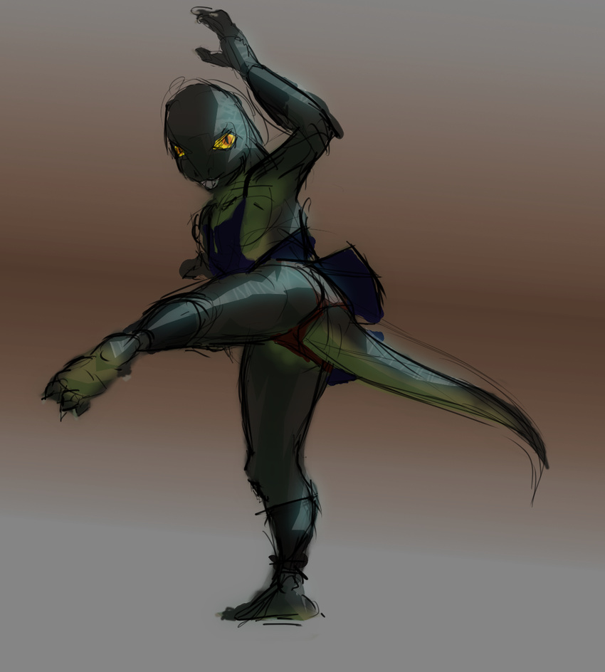 anthro butt clothing dress dynamic feet female flat_chested greenpolygon homme_lezard humanoid invalid_tag kick lizardgirl lizardwoman looking_at_viewer muscular muscular_female reptile reptoid scale scales scalie short_dress solo underwear