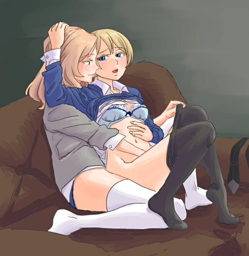 black_legwear blonde_hair blue_bra blue_eyes blue_sweater blush bra clothes_lift couch darjeeling girls_und_panzer hand_on_head highres hips kay_(girls_und_panzer) midriff multiple_girls navel necktie necktie_removed nigatsu_(fevrali) pantyhose pantyhose_pull saunders_school_uniform smile st._gloriana's_school_uniform sweater sweater_lift thighhighs thighs underwear white_legwear yuri