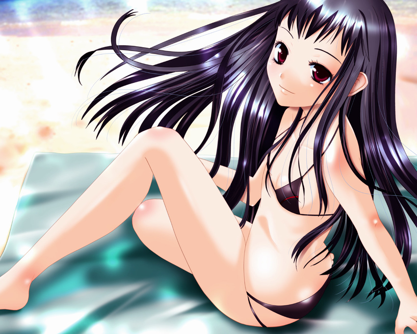 ar_tonelico ar_tonelico_ii beach bikini black_hair brown_eyes day flat_chest inumori_sayaka jakuri long_hair red_eyes solo swimsuit