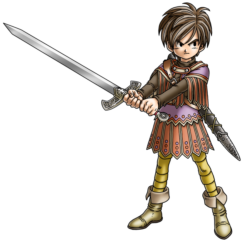 absurdres black_eyes boots brown_hair dragon_quest dragon_quest_ix full_body hero_(dq9) highres long_sleeves official_art sheath short_hair simple_background solo standing sword toriyama_akira weapon