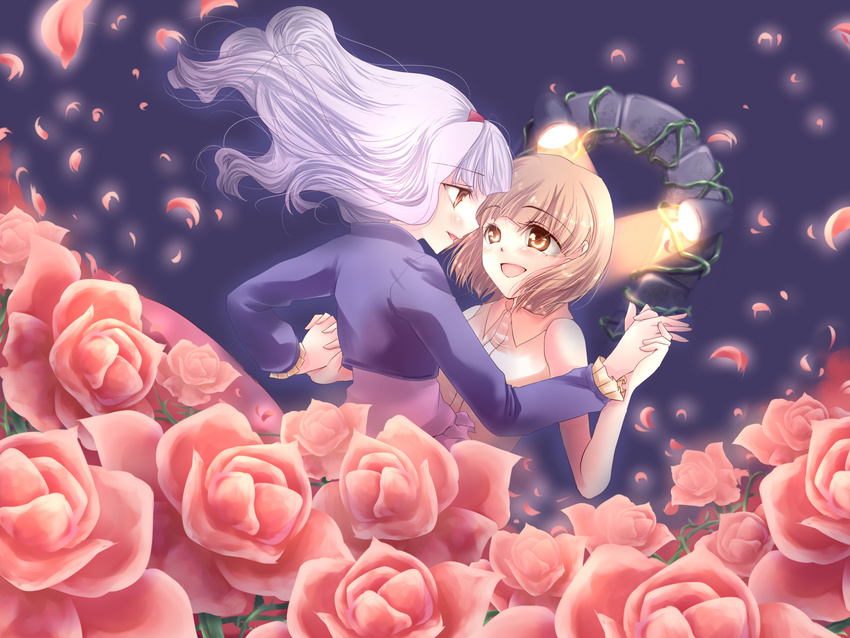 brown_eyes brown_hair dress dutch_angle flower hagiwara_yukiho hairband highres holding_hands idolmaster idolmaster_(classic) image_sample light long_hair multiple_girls petals pixiv_sample red_eyes rose rose_petals shijou_takane short_hair silver_hair yuri yurine