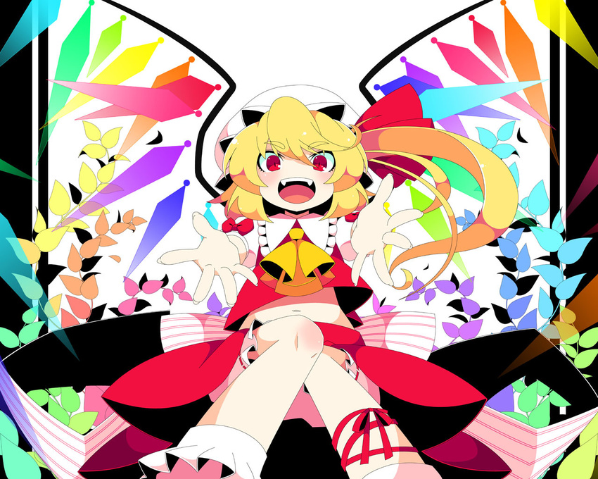 :d blonde_hair bloomers colorful fangs flandre_scarlet foreshortening hat looking_at_viewer mzh no_nose open_mouth outstretched_arms outstretched_hand red_eyes side_ponytail slit_pupils smile solo touhou underwear wings