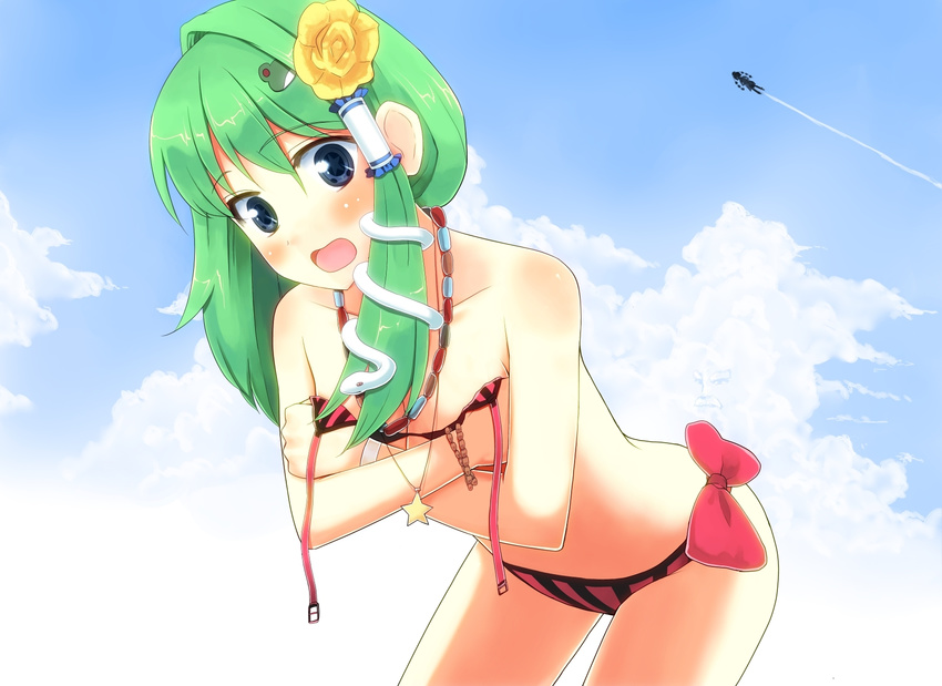 alternate_hairstyle asymmetrical_hair bad_id bad_pixiv_id bikini blue_eyes body_mahattaya_ginga breast_hold breasts flower frog green_hair hair_flower hair_ornament highres kochiya_sanae leaning_forward multiple_girls shameimaru_aya short_hair snake swimsuit symbol-shaped_pupils touhou unzan wardrobe_malfunction when_you_see_it