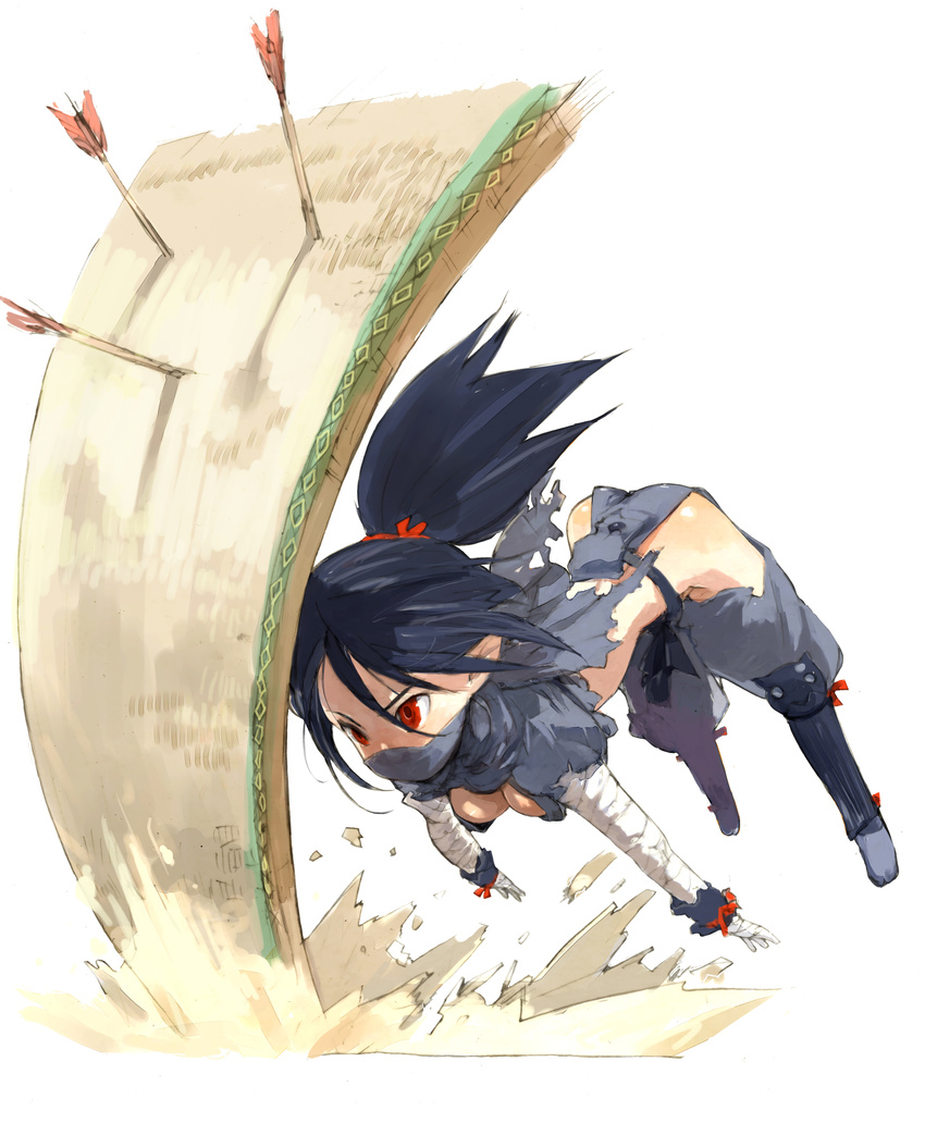 absurdres arrow black_hair breasts cleavage disgaea face_mask highres kunoichi_(disgaea) makai_senki_disgaea_2 mask medium_breasts ninja official_art red_eyes simple_background solo tatami toi8