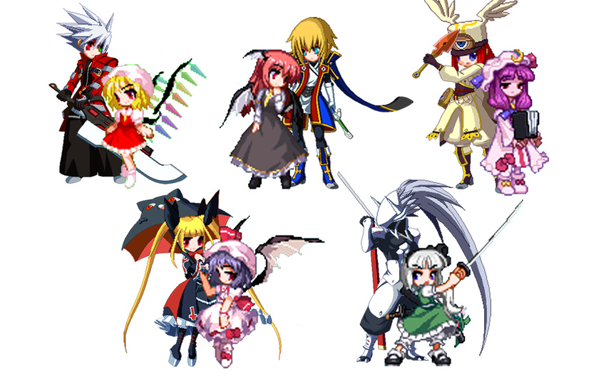 6+girls aqua_eyes bad_id bad_pixiv_id bat_wings beret blazblue blonde_hair blue_eyes book crossover dress eien_no_kurayami flandre_scarlet gothic hakumen hat heterochromia japanese_clothes jin_kisaragi koakuma konpaku_youmu m.u.g.e.n military military_uniform multiple_boys multiple_girls necktie patchouli_knowledge pixel_art rachel_alucard ragna_the_bloodedge red_eyes red_hair remilia_scarlet ribbon silver_hair sword touhou tsubaki_yayoi umbrella uniform weapon wings