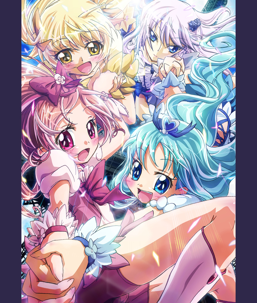 blonde_hair blue_eyes blue_hair blush bow cure_blossom cure_marine cure_moonlight cure_sunshine eyelashes hanasaki_tsubomi heartcatch_precure! highres holding_hands inoshishi_(ikatomo) kurumi_erika long_hair magical_girl multiple_girls myoudouin_itsuki open_mouth pink_bow pink_eyes pink_hair precure purple_hair tsukikage_yuri wrist_cuffs yellow_eyes