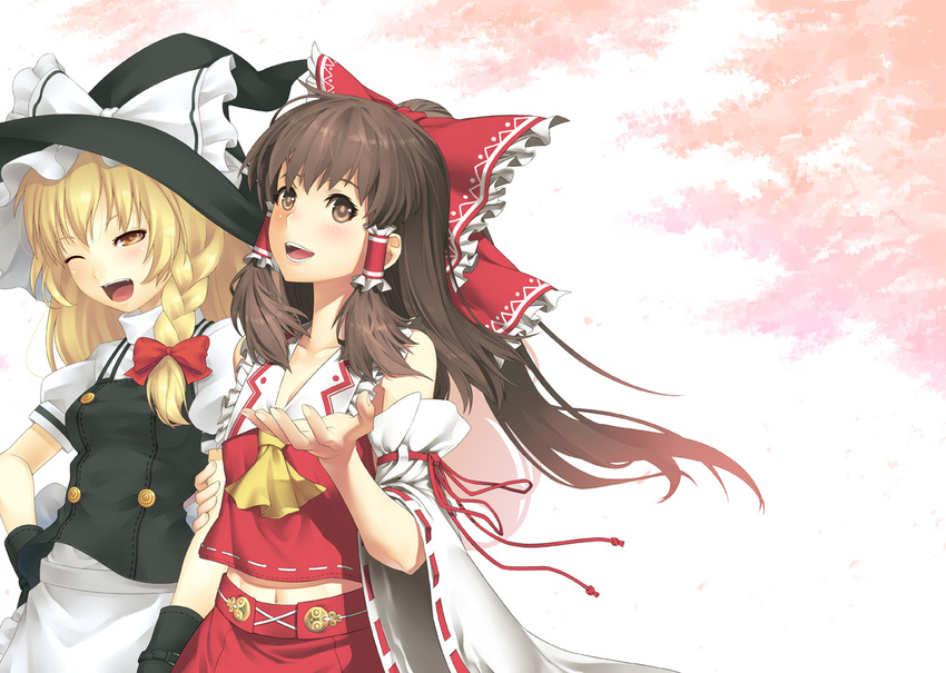 aka_(shoumae) arm_holding bad_id bad_pixiv_id blonde_hair bow braid brown_eyes brown_hair buttons collaboration detached_sleeves embellished_costume hair_bow hakurei_reimu hat kirisame_marisa kunieda long_hair multiple_girls navel side_braid smile tassel touhou wide_sleeves witch_hat yellow_eyes