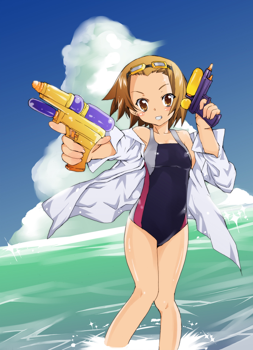 bad_id bad_pixiv_id brown_eyes brown_hair competition_swimsuit dual_wielding foreshortening goggles goggles_on_head highres holding k-on! one-piece_swimsuit open_clothes open_shirt shirt short_hair solo splashing swimsuit tainaka_ritsu tanaka_deshirittoru wading water water_gun