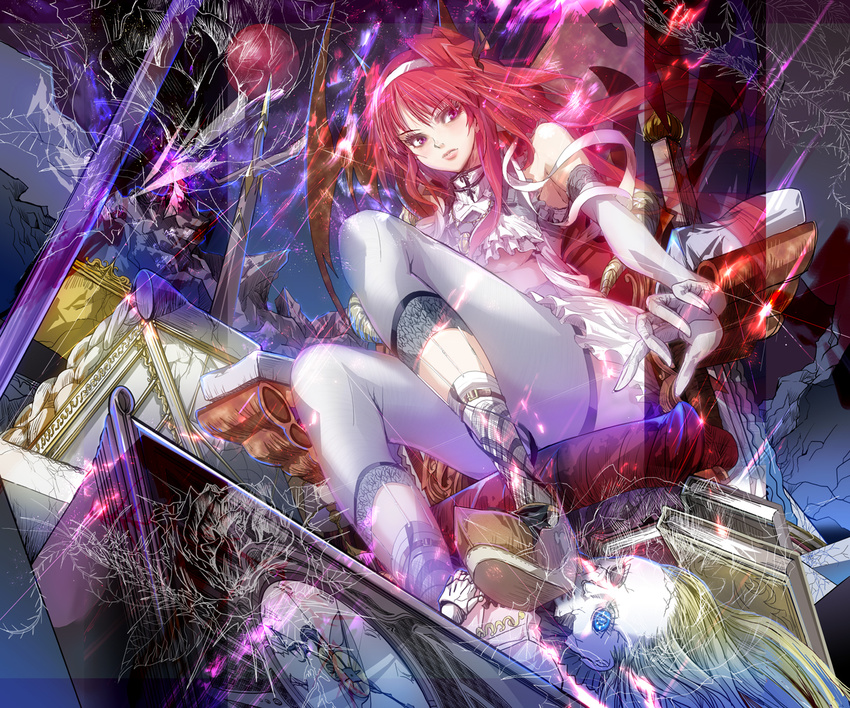 bad_id bad_pixiv_id blonde_hair book clock cracked_skin elbow_gloves gloves grandfather_clock headband original pink_eyes red_hair sitting solo sword tanupo thighhighs throne weapon wings