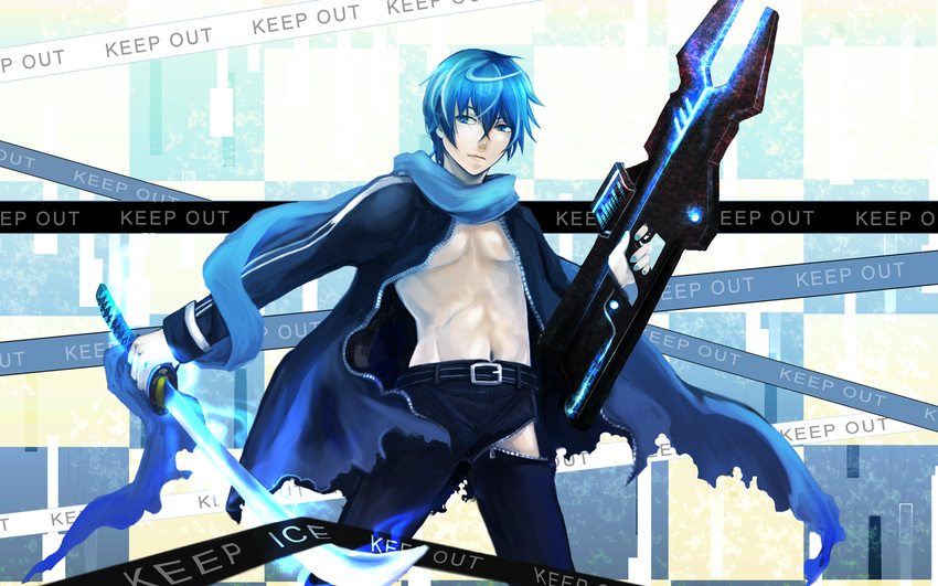 beam_rifle belt black_rock_shooter blue_eyes blue_hair blue_scarf caution_tape energy_gun gun jacket kaito keep_out male_focus nagi_(nightmare-cat) navel parody scarf solo sword vocaloid weapon zipper