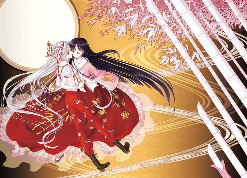 bad_id bad_pixiv_id bamboo bamboo_forest black_hair boots bow dress eye_contact forest frills fujiwara_no_mokou full_moon gathers hair_bow hisa holding_hands houraisan_kaguya leaf long_hair looking_at_another moon multiple_girls nature one_eye_closed pants red_eyes red_hair silver_hair touhou very_long_hair yuri