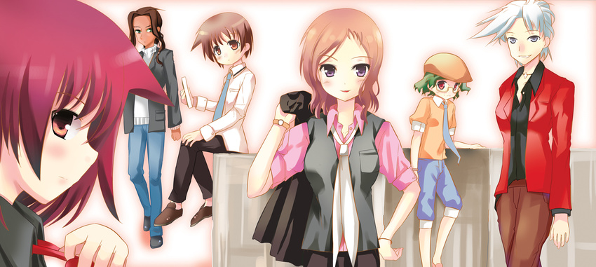 beret blue_eyes blush brown_eyes casual hand_on_hip hat inoue_jun jacket long_sleeves megan_davin miyanaga_saki miyanaga_teru multiple_girls pants piaroo profile red_hair red_jacket saki short_sleeves simple_background someya_mako standing takei_hisa upper_body vest white_background