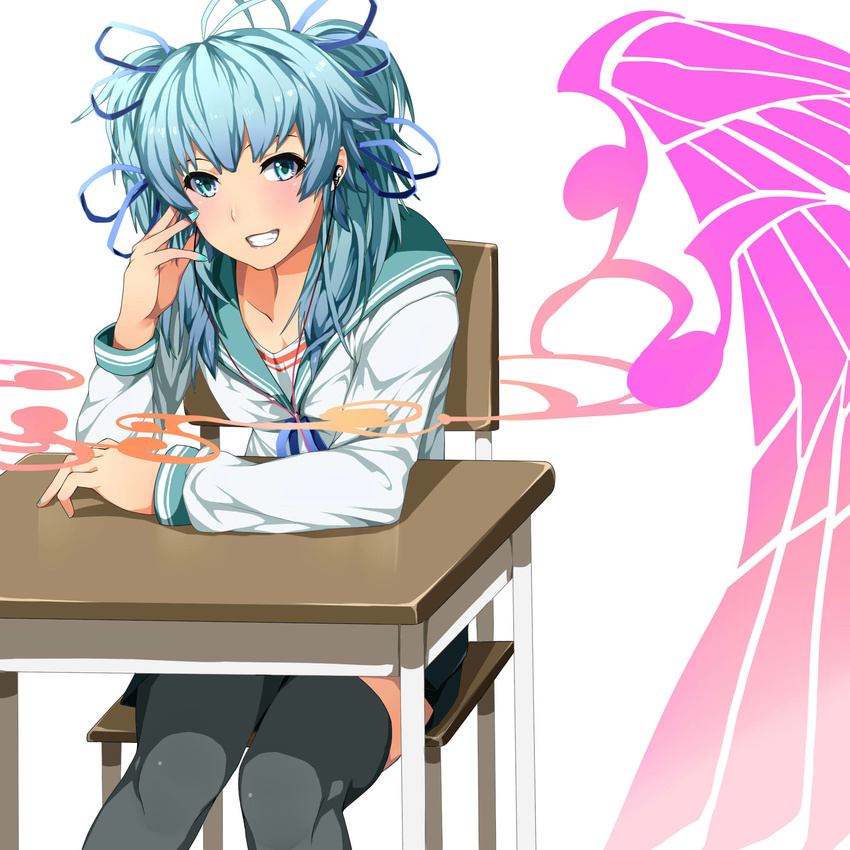 alternate_hairstyle aqua_eyes aqua_hair bad_id bad_pixiv_id blue_nails earphones gradient_hair grin hair_ribbon hatsune_miku highres irohara_mitabi long_hair multicolored_hair nail_polish ribbon school_uniform sitting smile solo thighhighs vocaloid wings