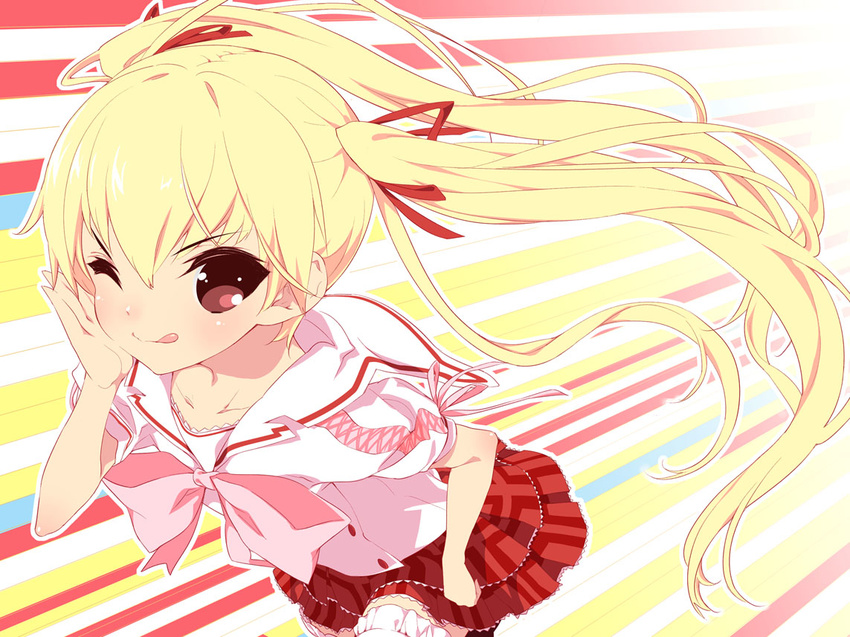 :p blonde_hair copyright_request one_eye_closed school_uniform serafuku show_(rinnetenshow) skirt solo tongue tongue_out twintails