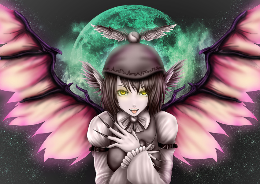 absurdres animal_ears fangs fingernails full_moon glowing glowing_eyes hat highres long_fingernails moon mystia_lorelei open_mouth solo tk8d32 touhou wings yellow_eyes