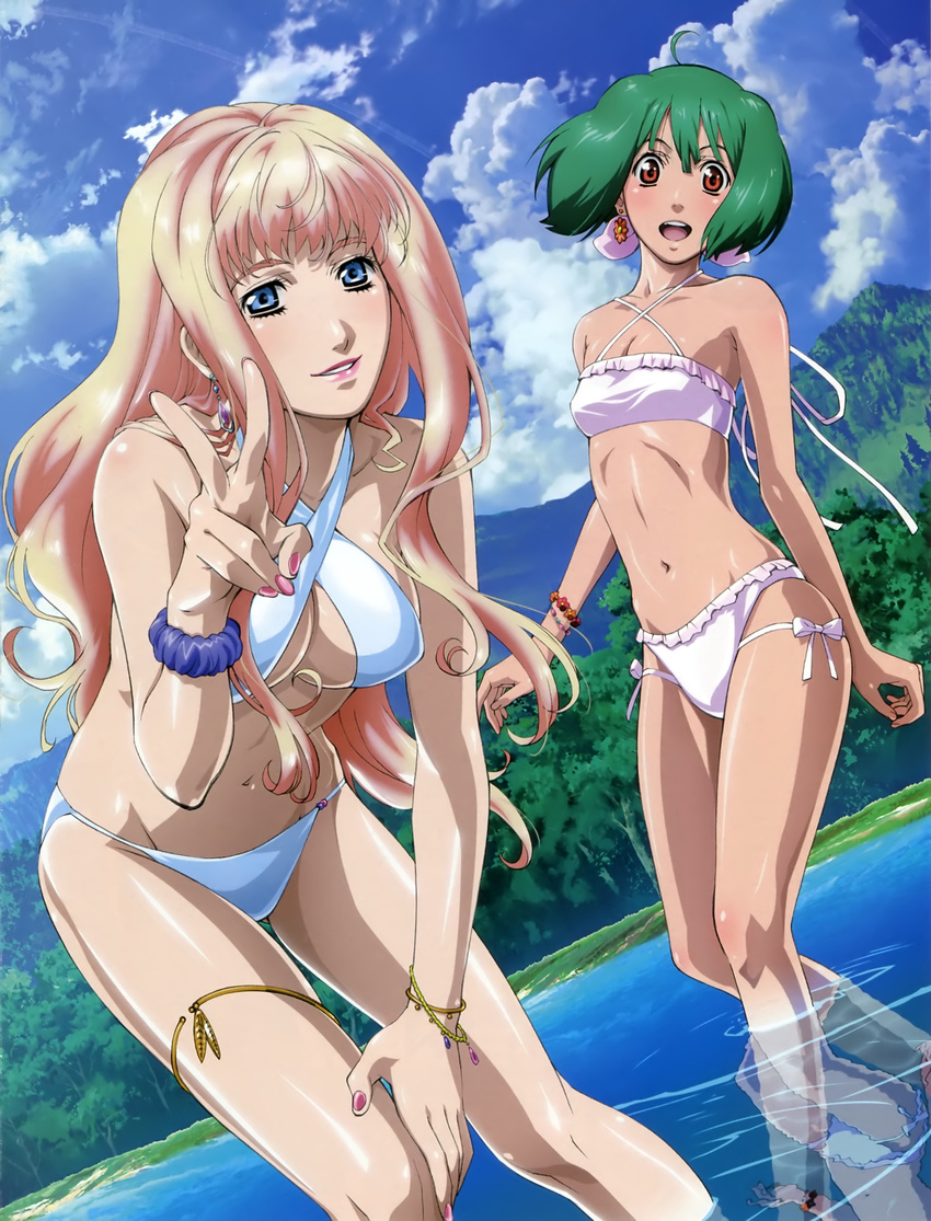 absurdres ahoge beach bikini blonde_hair blue_eyes bracelet cloud day earrings frilled_bikini frills green_hair hand_on_own_knee highres jewelry leaning_forward legband long_hair macross macross_frontier marufuji_hirotaka multiple_girls nail_polish navel official_art open_mouth outdoors parted_lips pink_nails ranka_lee red_eyes reflection scan scrunchie sheryl_nome short_hair single_earring sky smile swimsuit thigh_strap thighlet v wading water white_bikini