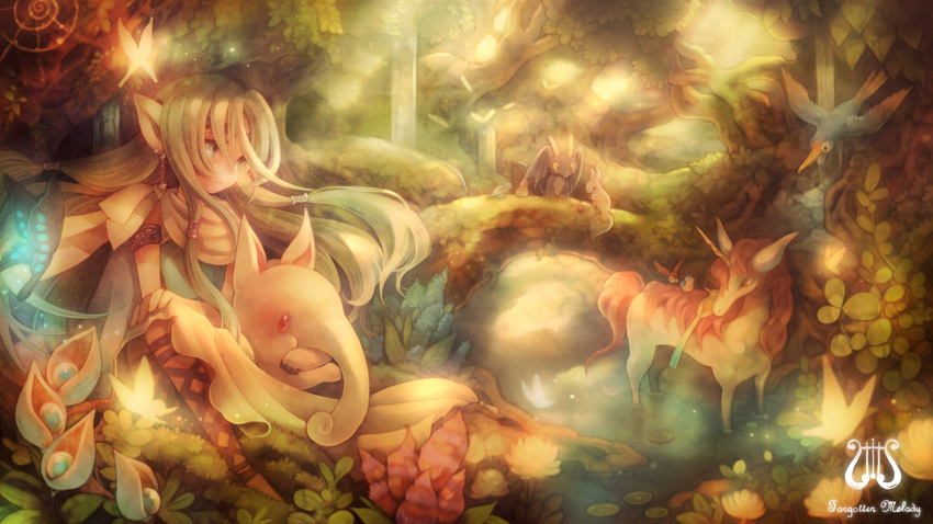 animal bad_id bad_pixiv_id bird blonde_hair bug butterfly cape earrings eternita flower forest insect jewelry lake nature pointy_ears sitting sui_(petit_comet) tiara tree unicorn