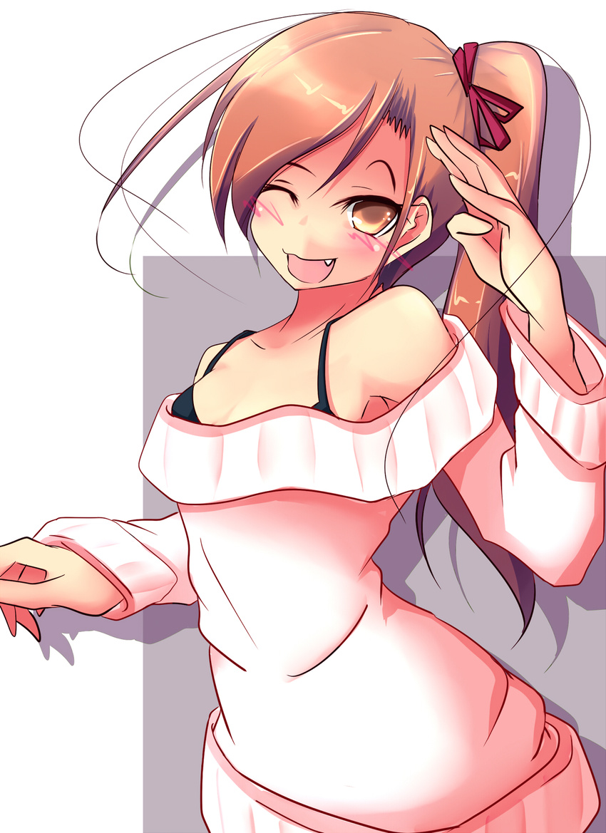 bad_id bad_pixiv_id bare_shoulders blush brown_eyes brown_hair casual fang futami_mami hair_ribbon highres idolmaster idolmaster_(classic) idolmaster_2 natsu_(anta_tte_hitoha) one_eye_closed ribbon side_ponytail smile solo spaghetti_strap sweater