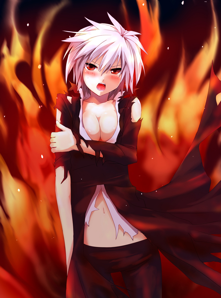 blush breasts cleavage fire genderswap genderswap_(mtf) grune highres holding_arm homura_(sekirei) medium_breasts midriff open_mouth red_eyes sekirei silver_hair solo torn_clothes