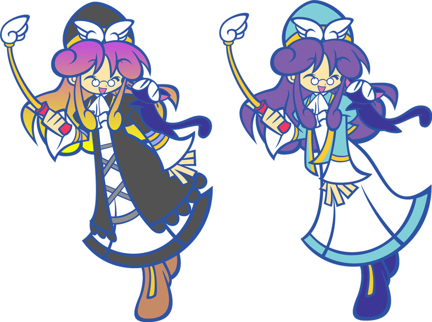 accord_sensei bespectacled blonde_hair cat closed_eyes flat_color full_body glasses gradient_hair hat hijiri_byakuren multicolored_hair multiple_girls palette_swap parody purple_hair puyopuyo puyopuyo_fever style_parody touhou transparent_background wand y&amp;k