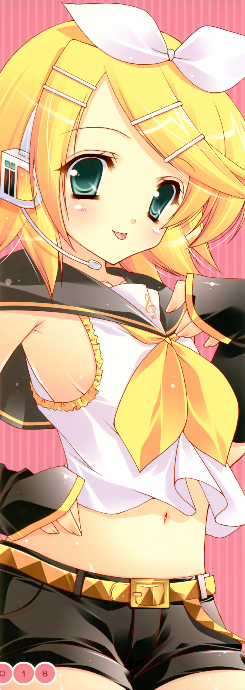 absurdres blonde_hair blush breasts headphones headset highres kagamine_rin long_image midriff navel shigunyan short_hair shorts sideboob small_breasts solo stick_poster tall_image vocaloid