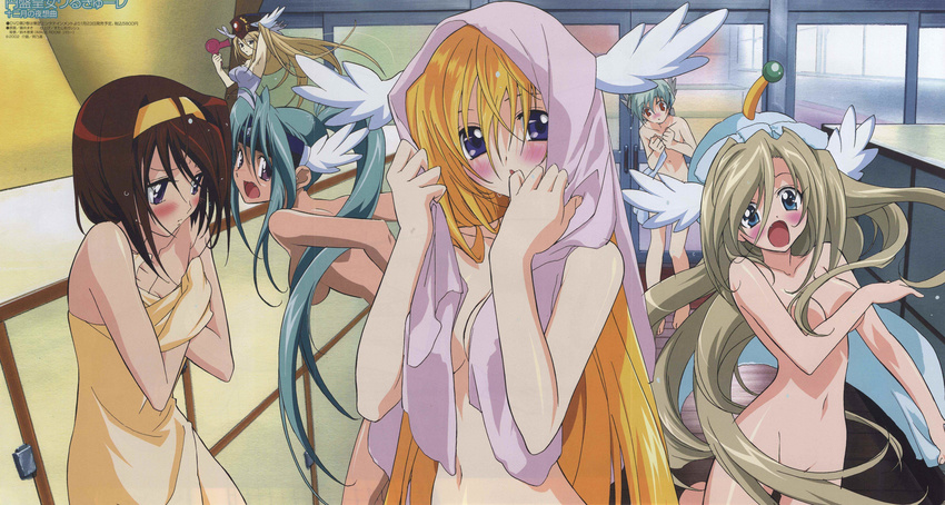 6+girls :o absurdres adjusting_hair angel_wings antennae aqua_hair armpits barefoot bathhouse bent_over blonde_hair blue_eyes blush breast_envy breast_hold breasts brown_hair censor_hair censored chorus_(ufo_princess_valkyrie) convenient_censoring covering covering_breasts crossed_arms embarrassed everyone fang feet flat_chest fujii_maki goddess grey_hair hair_censor hair_dryer hair_over_breasts hairband hat head_wings headband highres hydra_(ufo_princess_valkyrie) laine large_breasts long_hair looking_back mehm_(ufo_princess_valkyrie) milf mound_of_venus multiple_girls naked_towel nanamura_akina navel nude nude_cover official_art open_mouth ponytail purple_eyes red_eyes robot_ears scan short_hair sideboob standing surprised towel towel_on_head ufo_princess_valkyrie valkyrie_(ufo_princess_valkyrie) very_long_hair wet wet_hair window wings