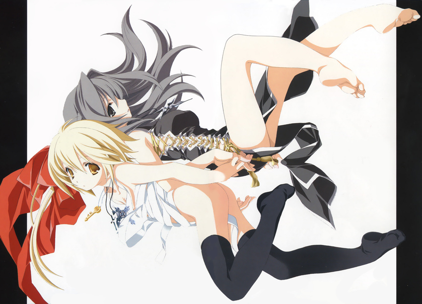 2girls back-to-back bandage barefoot blonde_hair china_dress chinese_clothes dress feet grey_hair hand_holding highres miyashita_miki multiple_girls no_panties pixy_gale scar thigh-highs thighhighs toes white