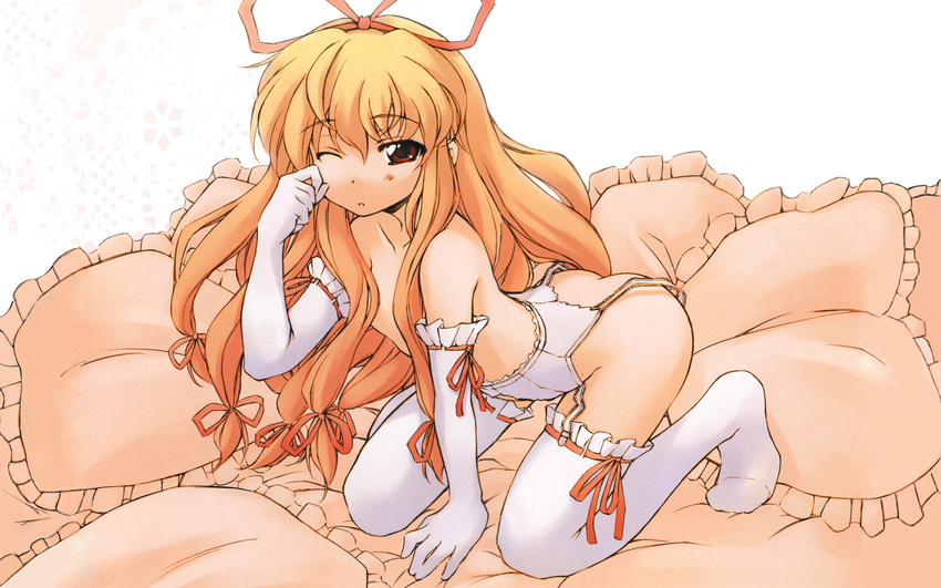 bed blonde_hair elbow_gloves flat_chest garter_belt hirasaka_makoto long_hair nopan red_eyes thigh-highs topless touhou yakumo_yukari