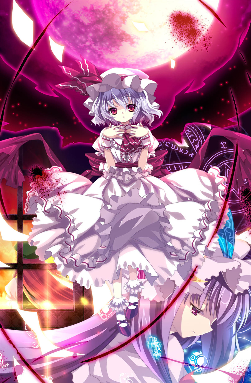 bat_wings blue_hair bow brooch capura_lin dress frilled_shirt frilled_shirt_collar frilled_sleeves frills hat hat_ribbon highres hong_meiling jewelry mob_cap moon multiple_girls patchouli_knowledge puffy_short_sleeves puffy_sleeves red_bow red_eyes red_ribbon remilia_scarlet ribbon sash shirt short_hair short_sleeves touhou white_dress wings wrist_cuffs