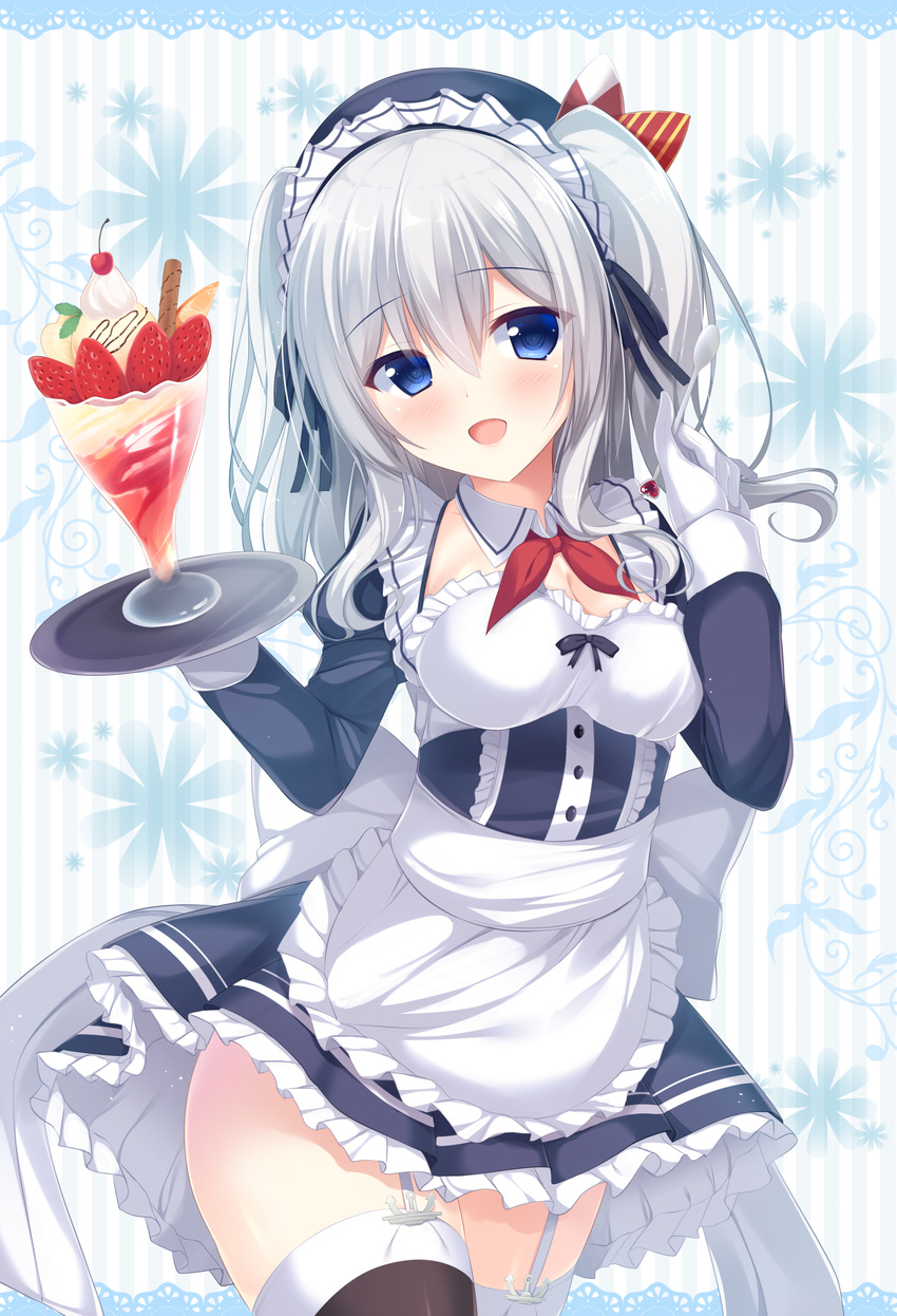 :d alternate_costume apron beret blue_eyes breasts buttons detached_collar enmaided eyebrows eyebrows_visible_through_hair food frills fruit garter_straps gloves hair_between_eyes hat highres ice_cream kantai_collection kashima_(kantai_collection) long_hair long_sleeves looking_at_viewer maid medium_breasts open_mouth parfait silver_hair skirt smile solo strawberry thighhighs tomoo_(tomo) tray twintails waitress wavy_hair white_gloves zettai_ryouiki