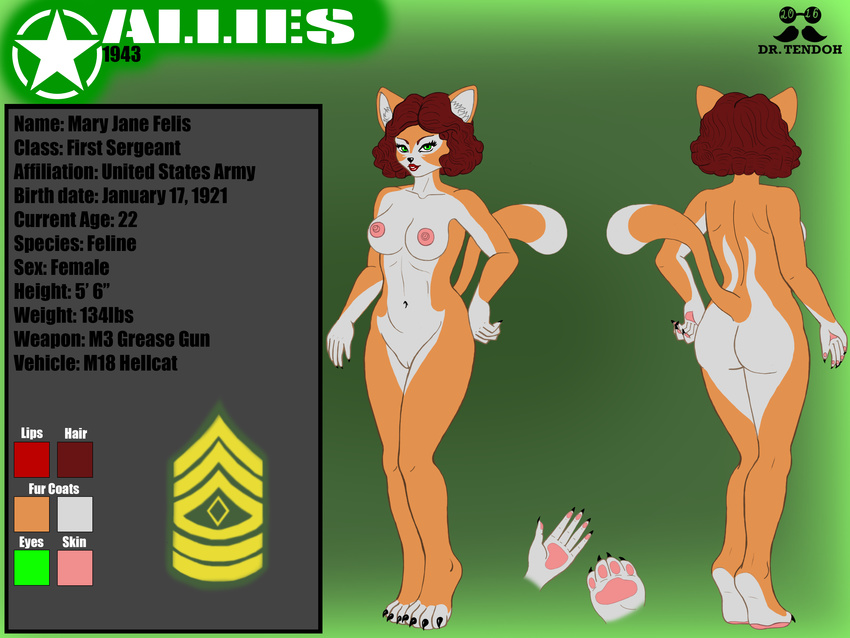 1943 allies anthro army cat clothing dr._tendoh feline female mammal mary_jane_felis nude pussy retro sergeant states uniform united world_war_2