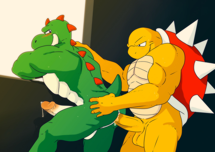 anal anal_penetration anthro anthrofied balls big_muscles blush cel_shading circumcised crossed_arms dripping duo erection from_behind_position grin hand_on_butt hand_on_shoulder hologram_(artist) humanoid_penis koopa male male/male mario_bros muscular naughty_face nintendo nude penetration penis precum scalie sex spines spiny standing video_games yoshi