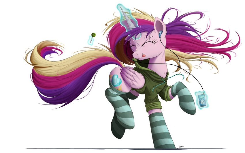 2016 candy clothing dancing earbuds equine female feral food friendship_is_magic headphones hoodie horn ipod legwear lollipop mammal my_little_pony ncmares princess_cadance_(mlp) simple_background socks solo white_background winged_unicorn wings
