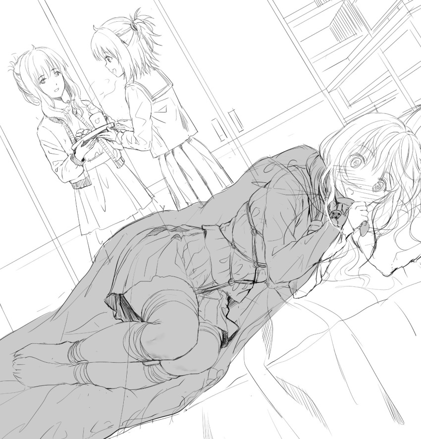 3girls ball_gag bangs bdsm bed blanket blush bondage bound commentary_request eyebrows_visible_through_hair gag hair_ribbon haneru hiding highres long_hair long_sleeves lying monochrome multiple_girls on_side open_mouth original pillow ponytail pulled_by_self ribbon shibari shibari_over_clothes short_hair sweater