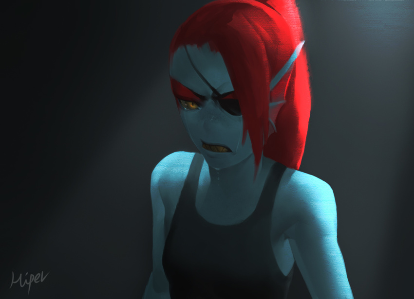 angry crying eye_patch eyewear fish glaring hair korhiper looking_at_viewer marine red_hair sad sharp_teeth simple_background solo tears teeth undertale undyne video_games yellow_eyes